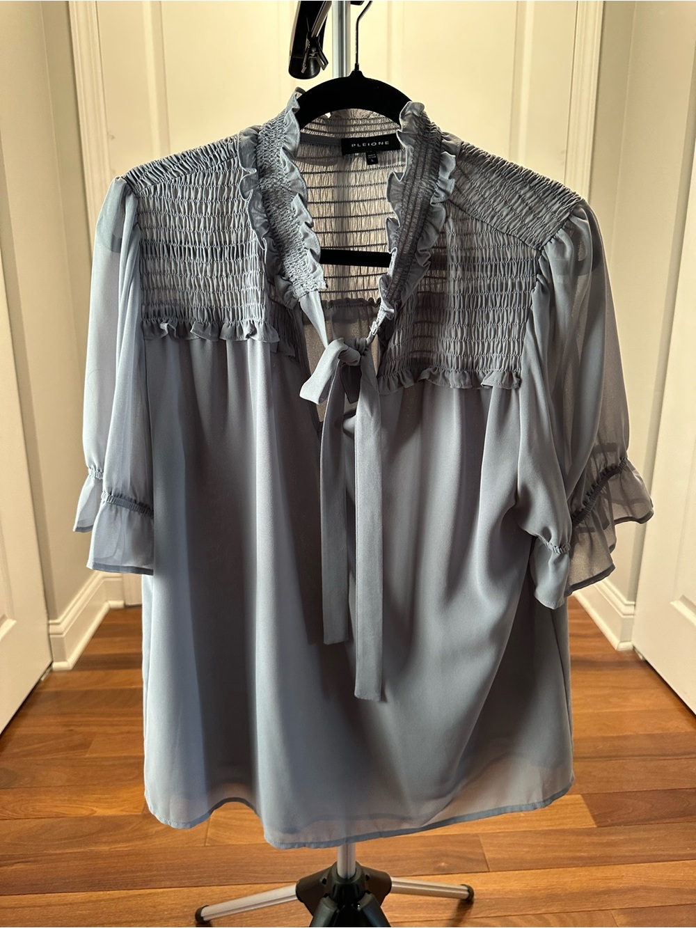 Pleione Ruffled Smocked Tie-Neck Blouse in Dusty Blue